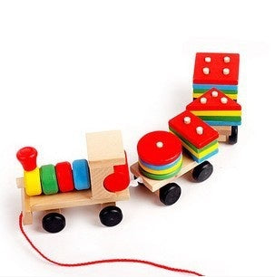 Wooden Train Toy Set with Shape Blocks - Educational Puzzle for Kids