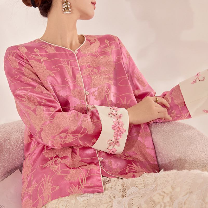 Chinese Style Retro Beaded Embroidery Design Blouse Mulberry Silk Graceful And Fashionable Coat