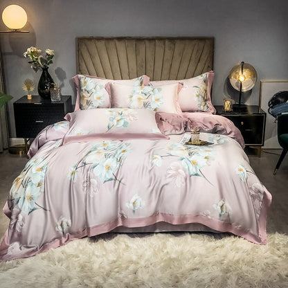 Double-Sided Ice Silk 4-Piece Bedding Set - Tencel Reactive Printed with Quilt Cover, Sheet, and 2 Pillowcases