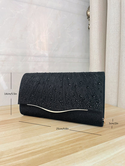 Rhinestone Evening Clutch - Woven Fabric Dinner Bag with Diamond Embellishments