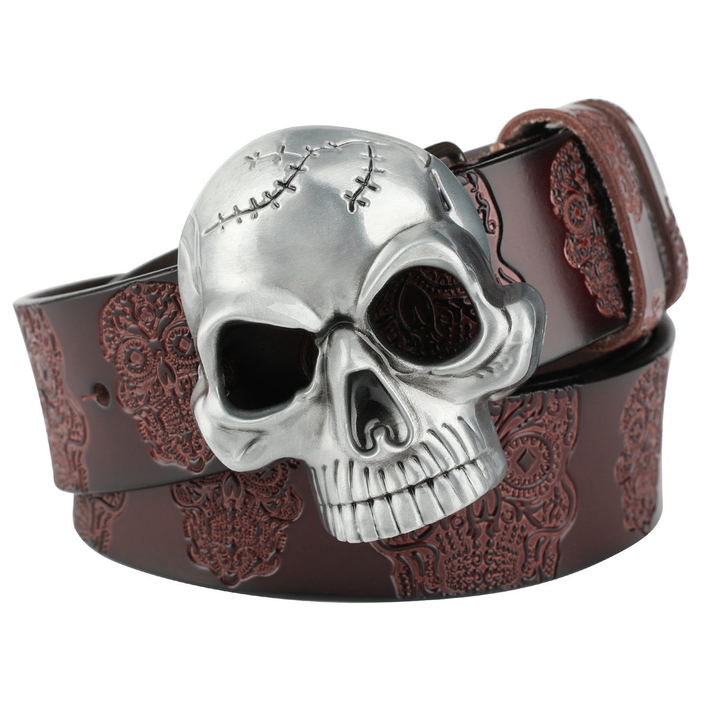 Men's Second-Layer Cowhide Leather Belt - Embossed Ghost Head Design with Skull Pin Buckle