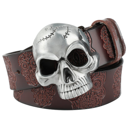 Men's Second-Layer Cowhide Leather Belt - Embossed Ghost Head Design with Skull Pin Buckle