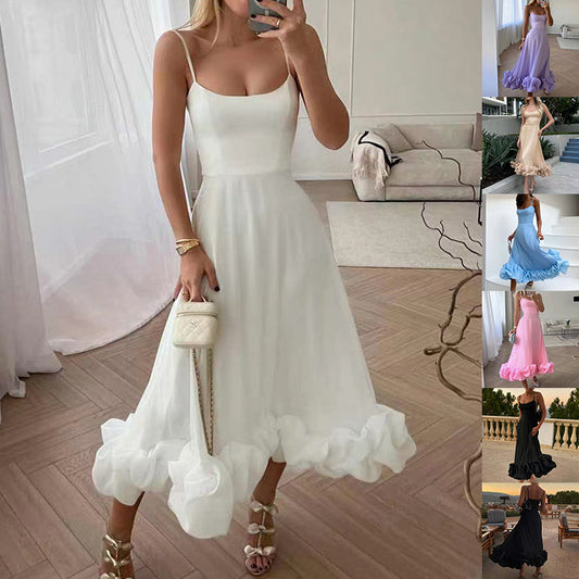 Chiffon A-Line Maxi Dress with 3D Floral Detail - Sleeveless Swing Dress with Suspenders