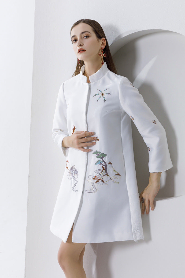 Premium Silk Wool Embroidered Mid-Length Coat - Lace Detail Winter Jacket