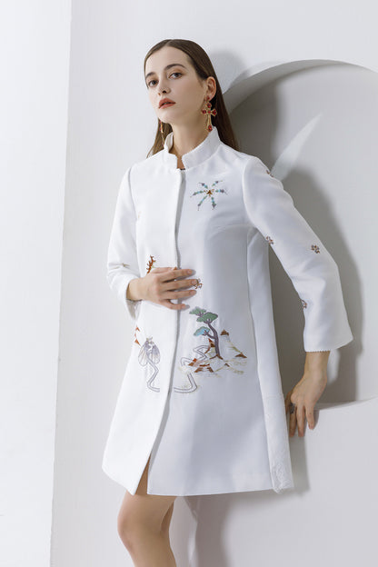 Premium Silk Wool Embroidered Mid-Length Coat - Lace Detail Winter Jacket