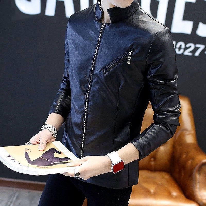 Men's Genuine Leather Stand Collar Jacket - Korean Style Youth Biker Coat