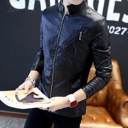 Men's Genuine Leather Stand Collar Jacket - Korean Style Youth Biker Coat