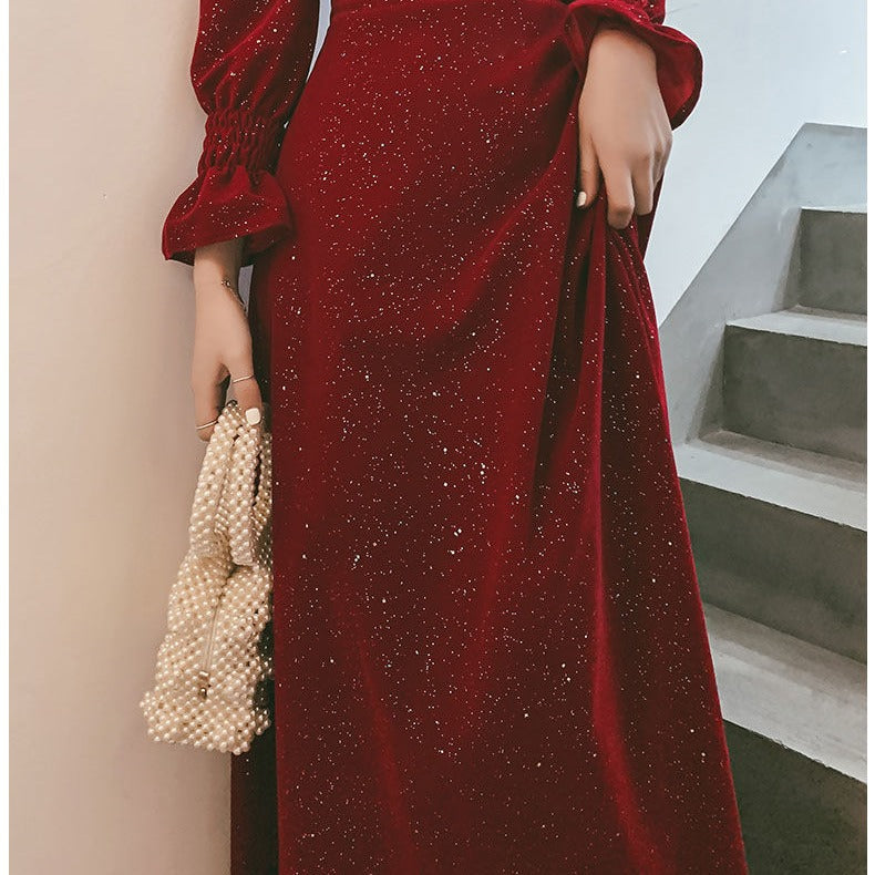 Women's Red Cotton Mid-Rise Dress – Elegant Bridal Toast Party Attire