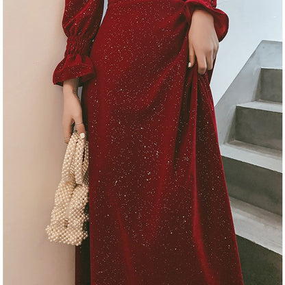 Women's Red Cotton Mid-Rise Dress – Elegant Bridal Toast Party Attire
