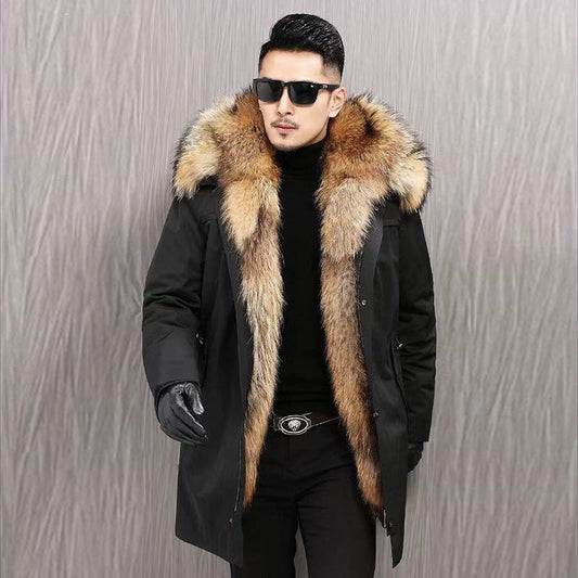 Mid-Length Faux Fur Coat - Hooded PU Leather with Raccoon Fur Liner