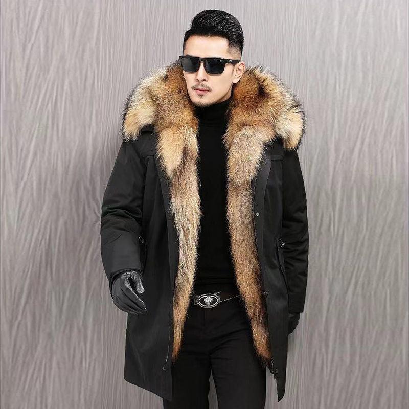 Mid-Length Faux Fur Coat - Hooded PU Leather with Raccoon Fur Liner