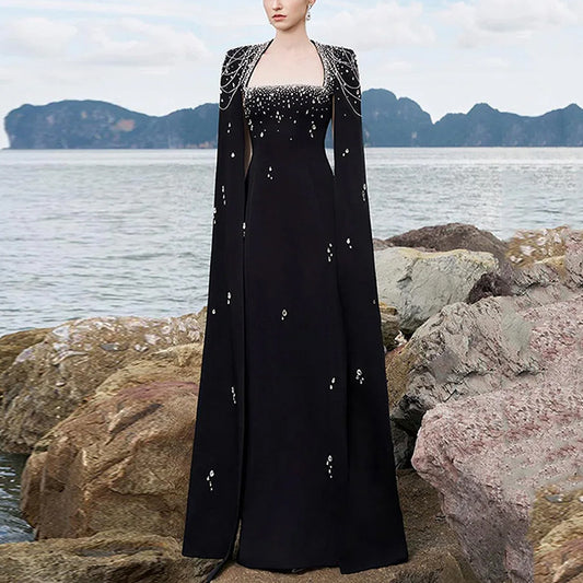 Beaded Lanyard Shawl Sleeve Floor-Length Dress