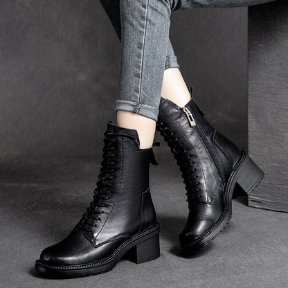 Cowhide Leather Mid-Barrel Martin Boots - Women's Vintage Knight Boots with Anti-Slip Rubber Sole