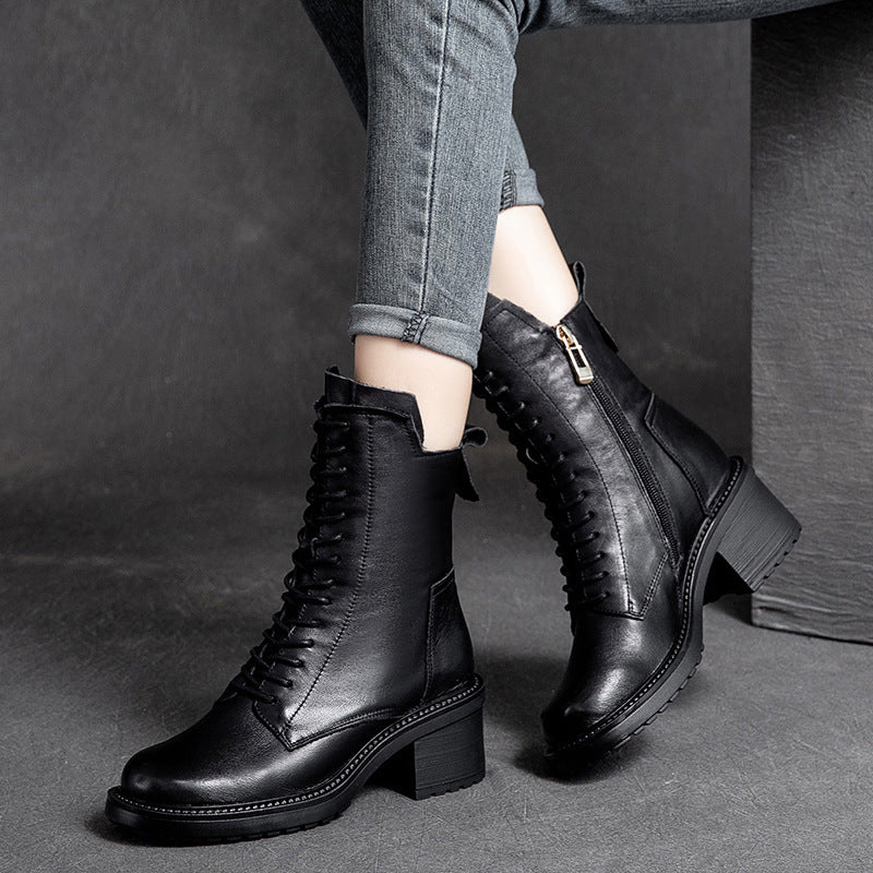 Cowhide Leather Mid-Barrel Martin Boots - Women's Vintage Knight Boots with Anti-Slip Rubber Sole