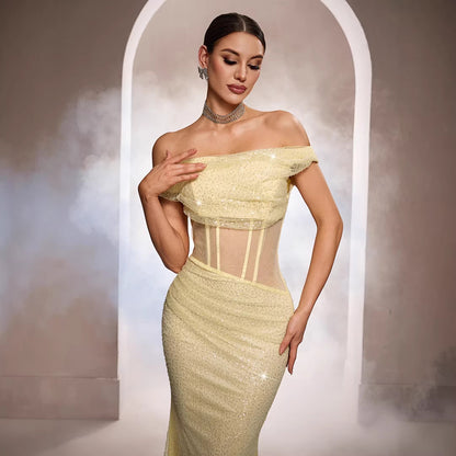 Women's Off-the-Shoulder Sequin Mermaid Evening Gown – Sleeveless Maxi Formal Dress