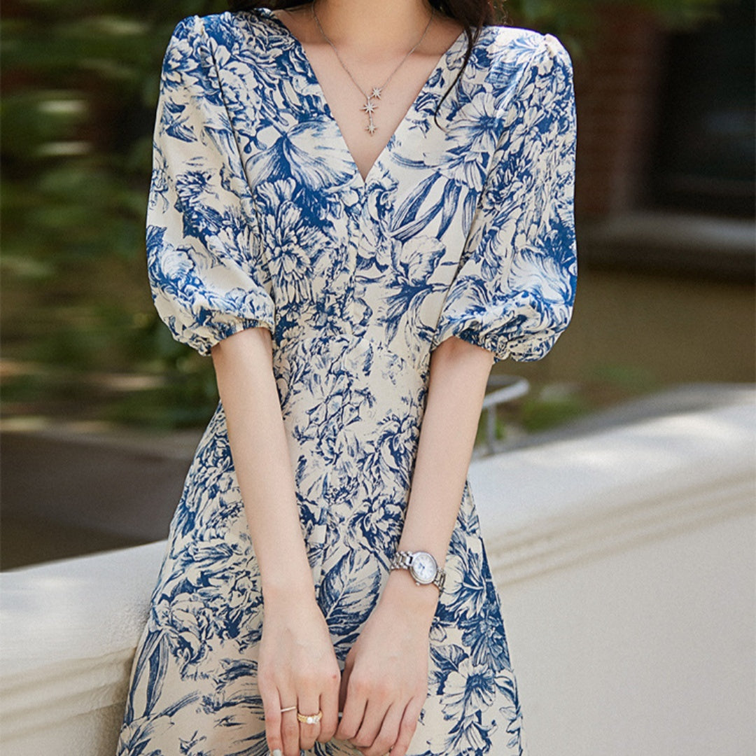Chinese Style Heavyweight Silk Dress - Blue and White Porcelain Pattern
