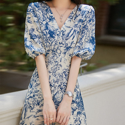 Chinese Style Heavyweight Silk Dress - Blue and White Porcelain Pattern