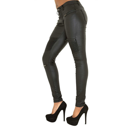 Faux Leather Denim Motorcycle Pants - Women's Stitched Zipper Biker Trousers