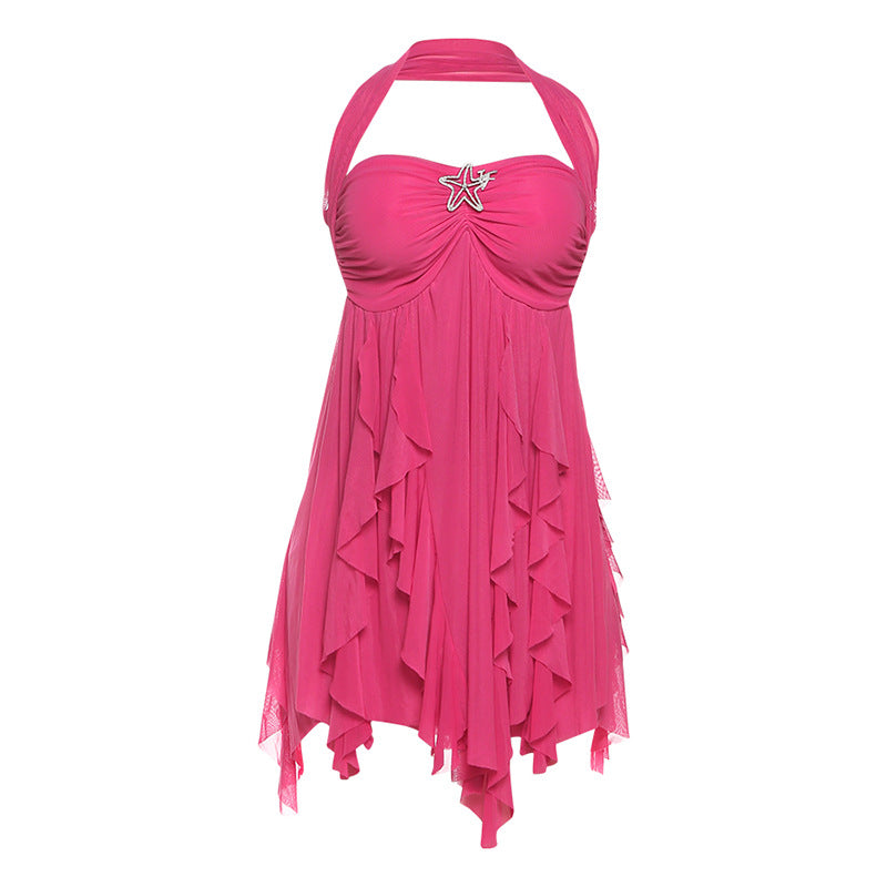 Halter Neck Backless Dress - Printed Irregular Mesh Short Dress for Summer