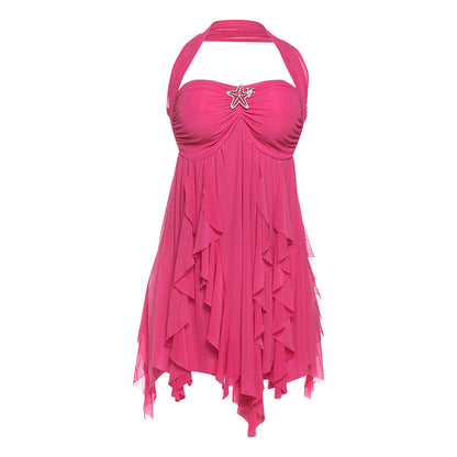 Halter Neck Backless Dress - Printed Irregular Mesh Short Dress for Summer