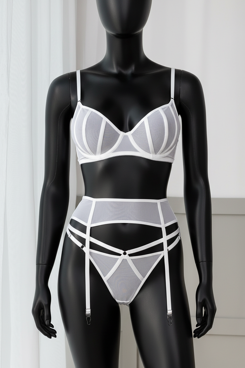 Women's Sheer Mesh Lingerie Set with Garter - Three-Piece Collection