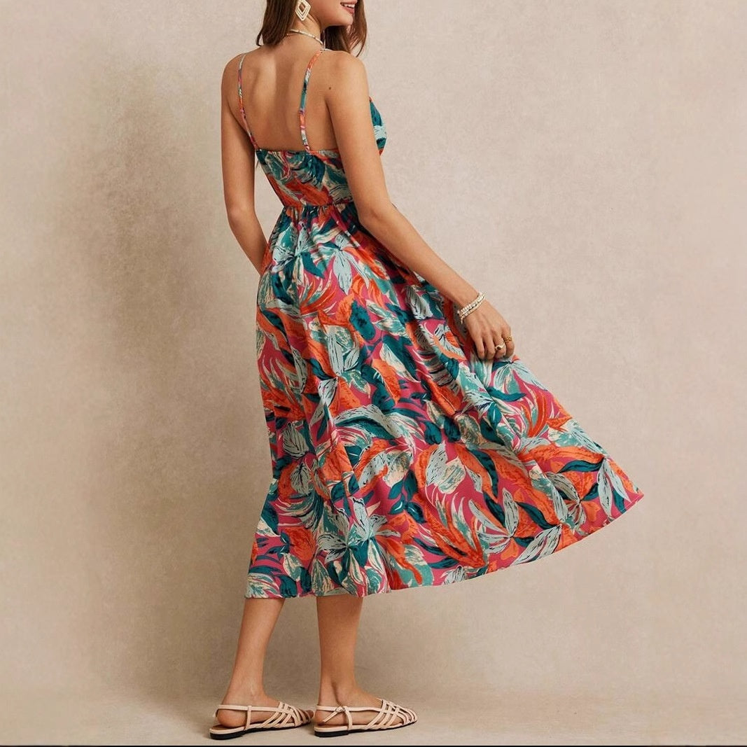 Women's Tropical Print High-Waist Maxi Dress - Long Sleeve A-Line Dress