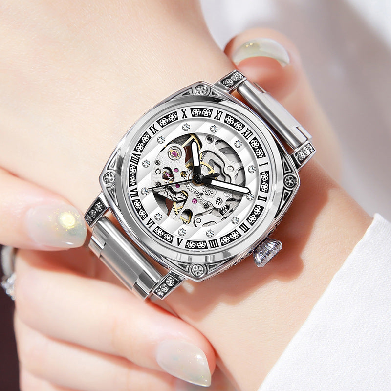 Fashion Mechanical Watch | Luminous Hands | 10m Water Resistant | Leather & Steel Strap | White, Black, Red, Steel Strip
