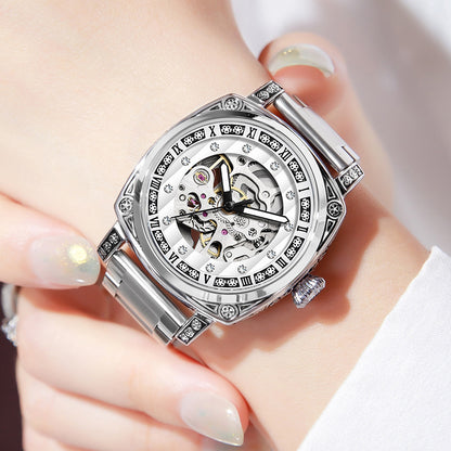 Fashion Mechanical Watch | Luminous Hands | 10m Water Resistant | Leather & Steel Strap | White, Black, Red, Steel Strip