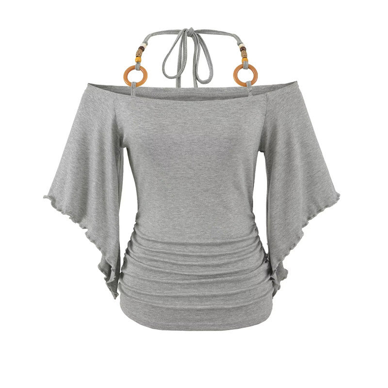 Women's Halter Neck Batwing Sleeve Top - Retro Beaded Style