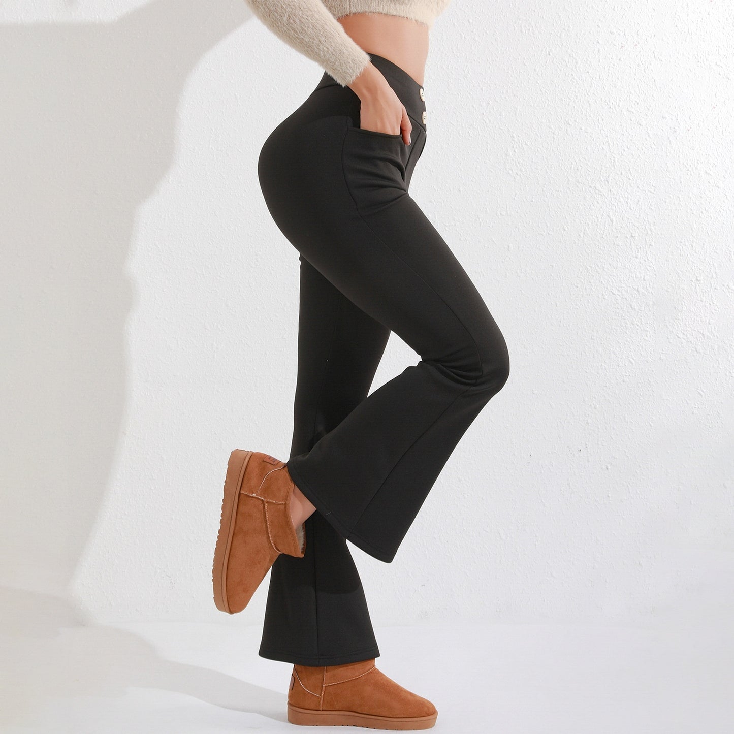 High Waist Brushed Fleece Trousers - Women's Button Detail Casual Pants