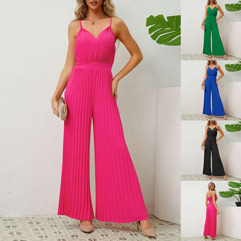 V-Neck Pleated Jumpsuit - Loose Fit Suspender Wide Leg Pants
