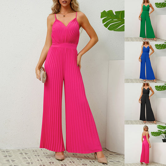 V-Neck Pleated Jumpsuit - Loose Fit Suspender Wide Leg Pants