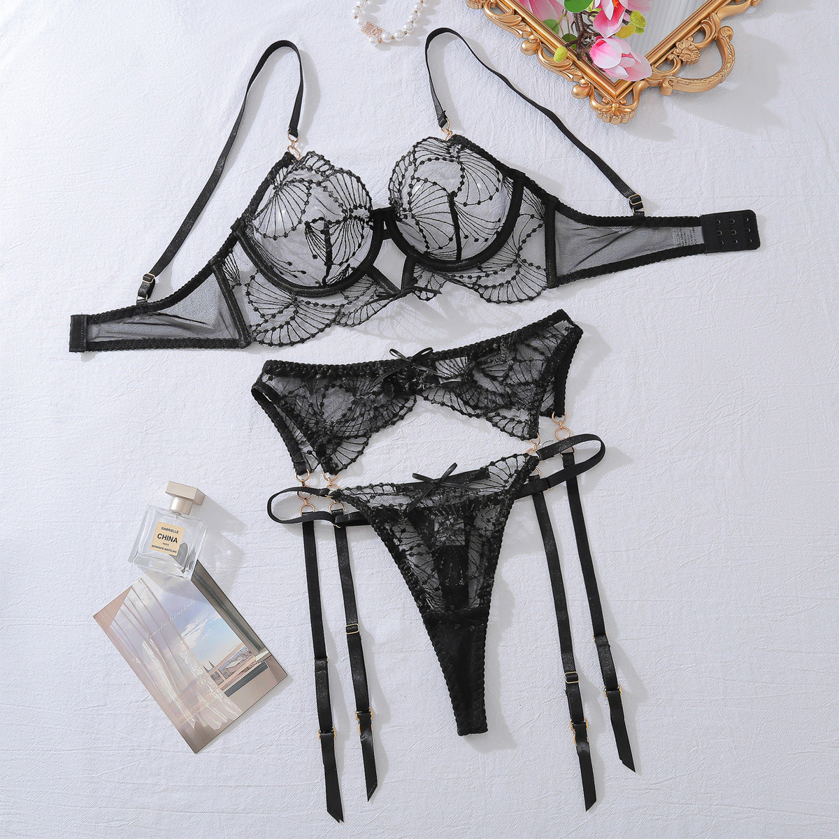 Women's Lace Embroidered Sheer Bra Set - Three-Piece Hollowed Out Lingerie