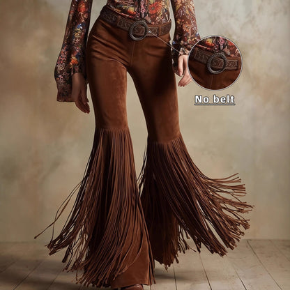 Women's Retro Western Fringe Suede-Look Pants - High Waist Tassel Trousers