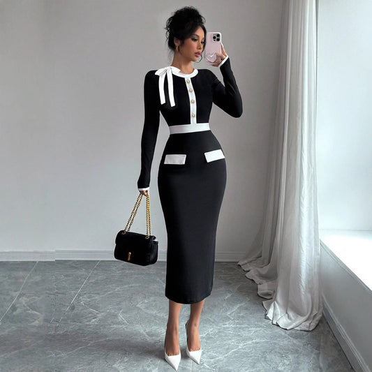 Women's Black and White Color-Block Dress - Long Sleeve Patchwork Pullover