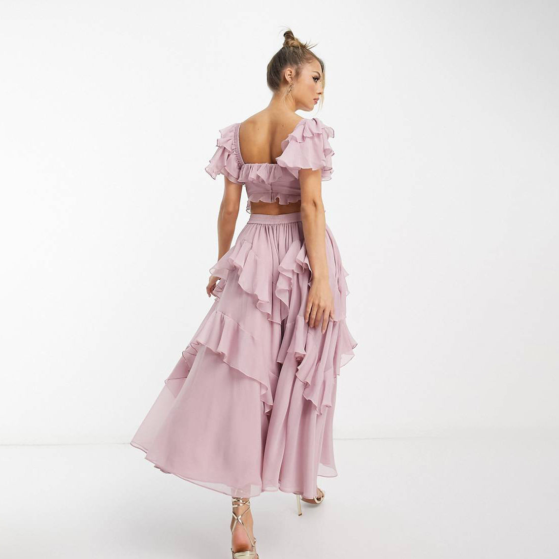 Women's Summer Ruffled Short-Sleeve Backless Square Neck Maxi Dress