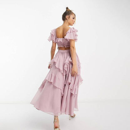 Women's Summer Ruffled Short-Sleeve Backless Square Neck Maxi Dress