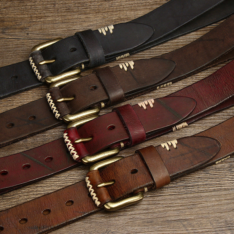 Handmade Retro First Layer Cowhide Leather Belt - Genuine Leather with Copper Pin Buckle