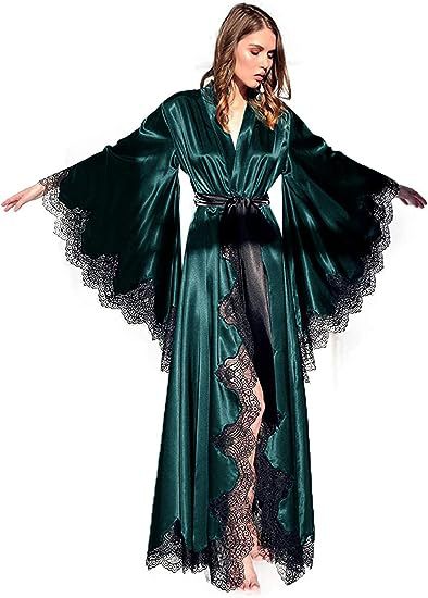 Women's Long Satin Bridal Robe with Lace Trim - V-Neck Wrap Sleepwear