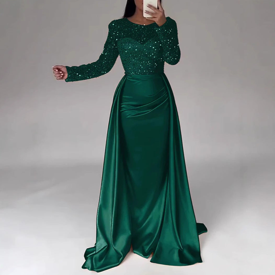 Sequin Long Sleeve Flared Hem Maxi Evening Gown | Elegant Formal Dress