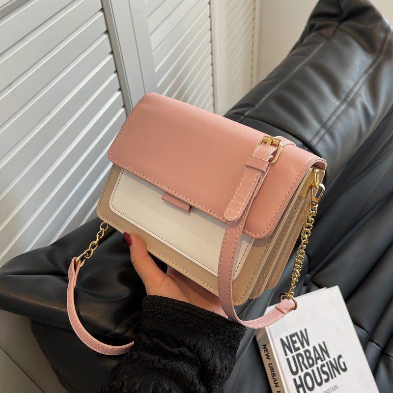 PU Leather Chain Shoulder Bag - Small Square Crossbody with Wide Strap
