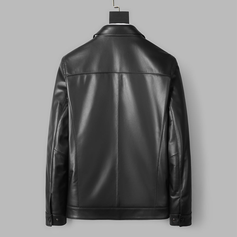 Genuine Sheepskin Leather Jacket - Men's Short Lapel Business Casual Coat
