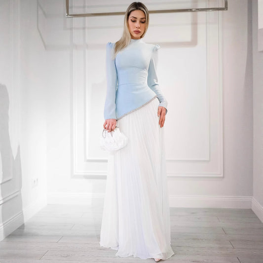 Women's Long Sleeve Sequin Pleated Maxi Dress – Elegant Blue & White Wedding Gown