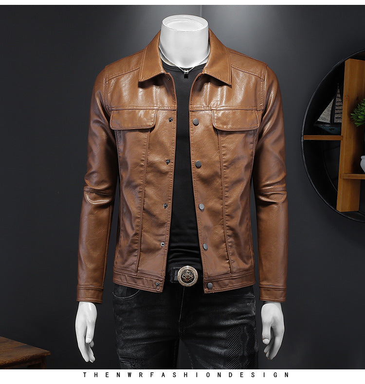 Men's Motorcycle PU Leather Jacket - Long Sleeve Lapel Coat