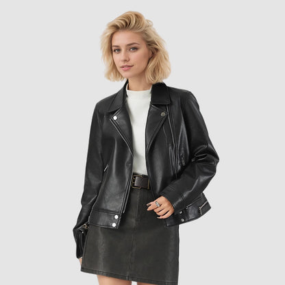 Women's Slim-Fit PU Leather Jacket with Turn-Down Collar