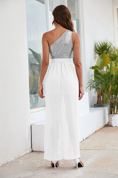 Sequin One-Shoulder Chiffon Maxi Dress - High Waist Split Hem Evening Gown