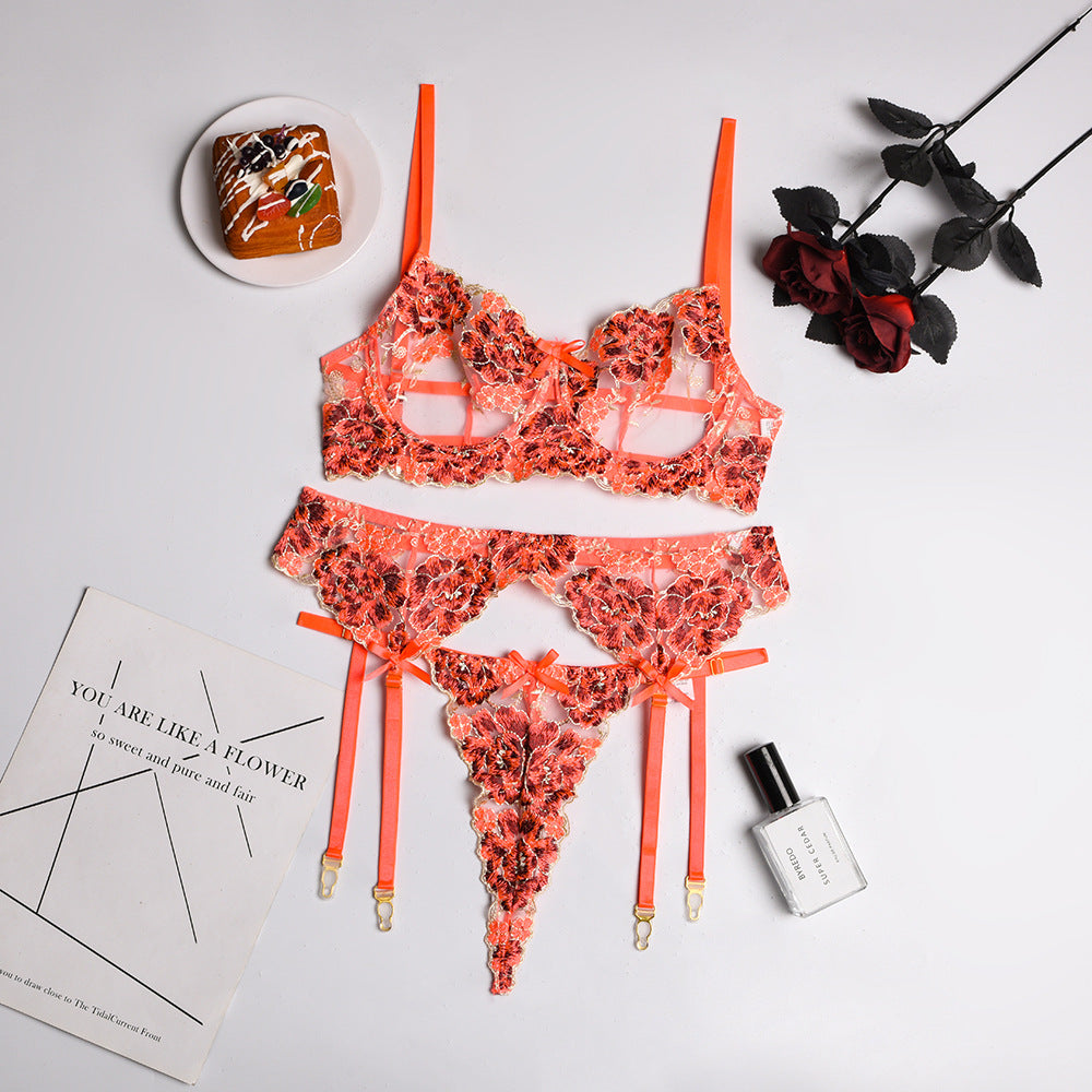 Women's Embroidered Lingerie Set - Delicate Floral Design Bra and Panty
