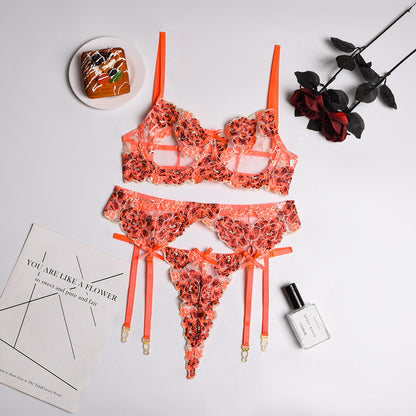 Women's Embroidered Lingerie Set - Delicate Floral Design Bra and Panty