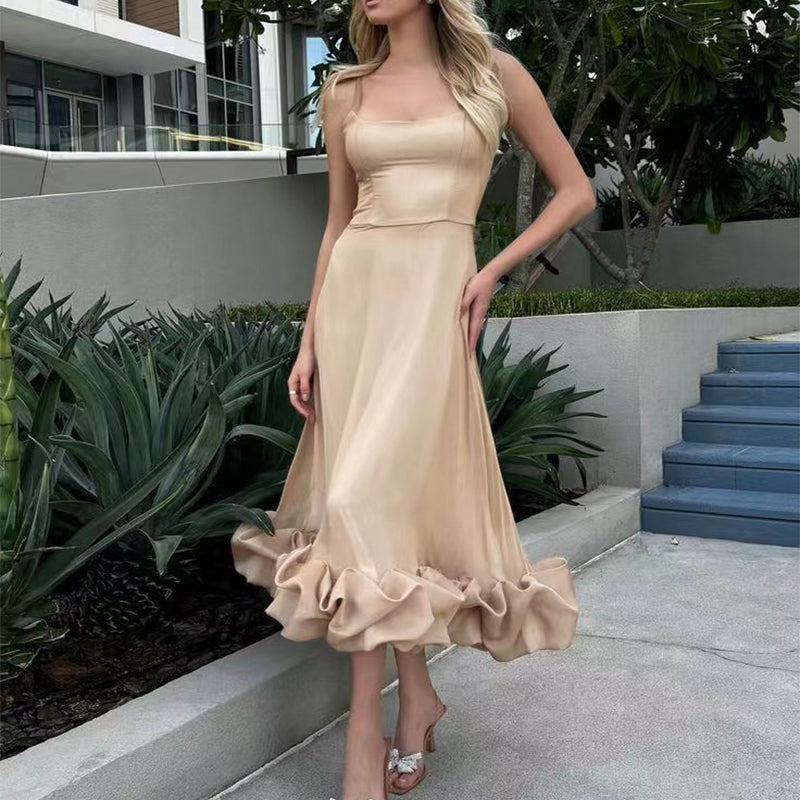 Chiffon A-Line Maxi Dress with 3D Floral Detail - Sleeveless Swing Dress with Suspenders