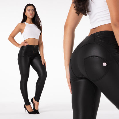 Women's High-Waist Faux Leather Yoga Pants - Matte Black Fitness Leggings